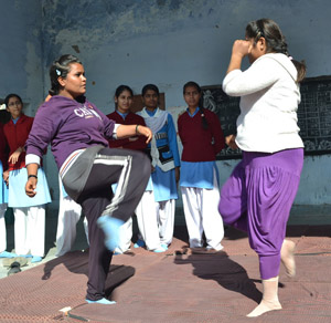 छावनी गल्र्स स्कूल में मार्शल आर्ट व आत्म रक्षा का प्रदर्शन करती छात्राएं। फोटो कृष्णा