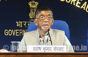 MoS Textiles (I/C), Parliamentary Affairs, Water Resources, River Development and Ganga Rejuvenation Santosh Kumar Gangwar during a press conference in New Delhi, on Sept. 29, 2014. Also seen Textiles Secretary S.K. Panda and Director General (M&C), Press Information Bureau, A.P. Frank Noronha. (Photo: IANS/PIB)